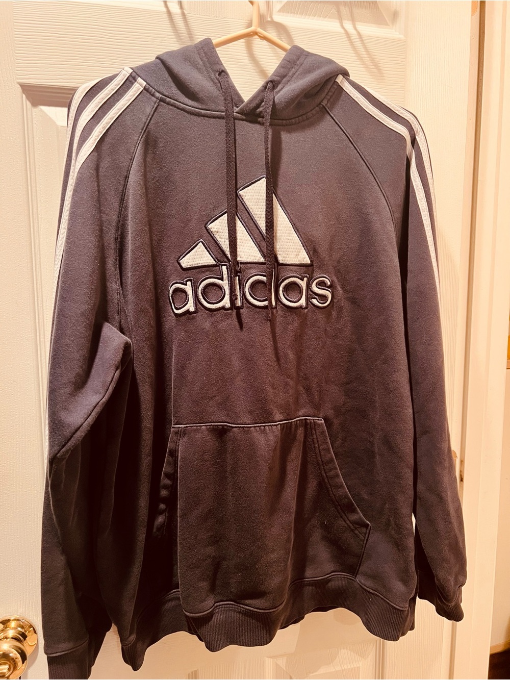 adidas Navy Blue Hoodie with White Logo & Stripes